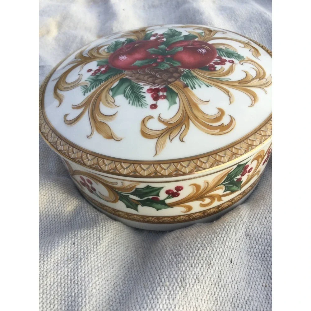 Vtg Mikasa trinket dish covered holiday‎ orchard Christmas pinecone apple gold